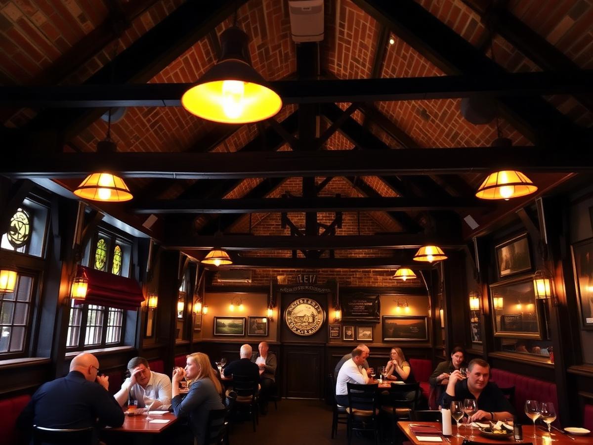 Cozy interior of Bohemian Pot with dark wood beams and warm lamps